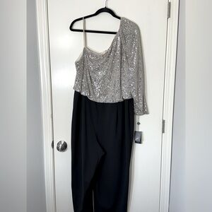 NWT Adrianna‎ Papell Silver Sequin Black One Shoulder Jumpsuit Plus Size 22W